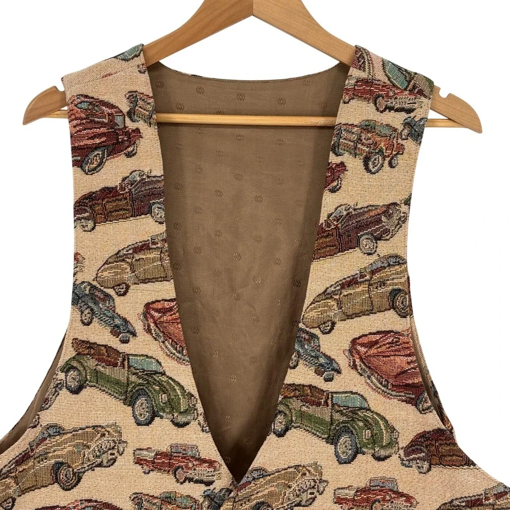 Vintage‎ Tapestry Vest Classic Cars Antique Auto Print Military Crest Buttons L